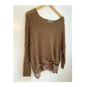 Tan Loose-Knit Sweater w/ Lace Bottom
